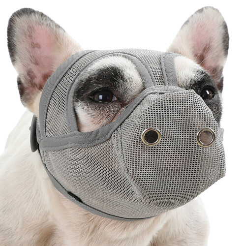 Breathable Mesh Dog Muzzle for Short Snouts Adjustable Fit Black Grey
