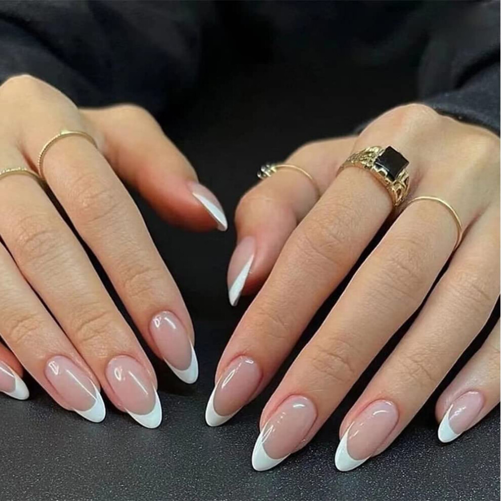 White Medium Almond French Press On Nails 24Pcs Glossy Full Cover Acrylic False Nails