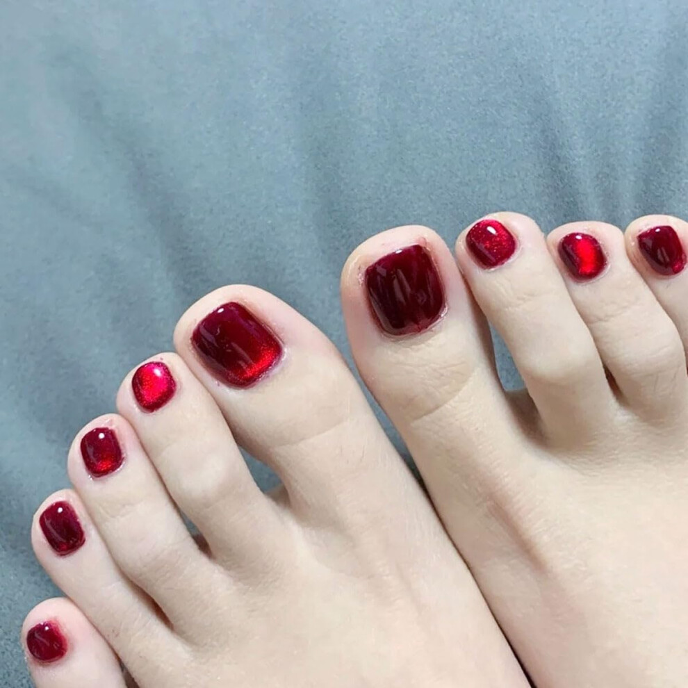Red Short Square Press On Toenails 24Pcs Ombre Glitter Acrylic Toe Nails Full Cover Instant Glam
