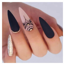 24Pc Ultrathin Almond False Nails with Rhinestones, Gloss No Fading Full Cover Tips