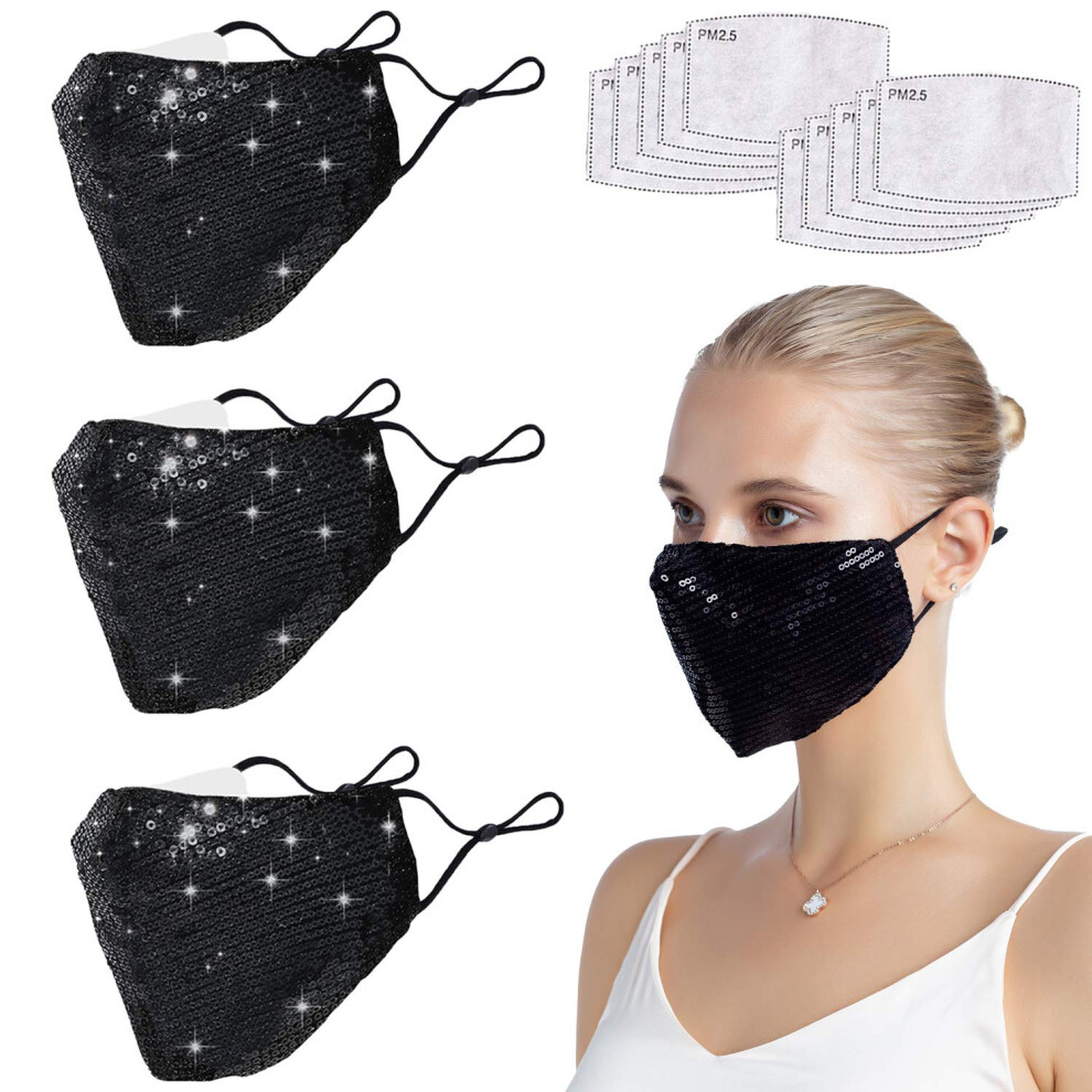 Sequin Face Mask 3 Pack with Filter Pocket, Sparkly Glitter Washable Face Cover for Women