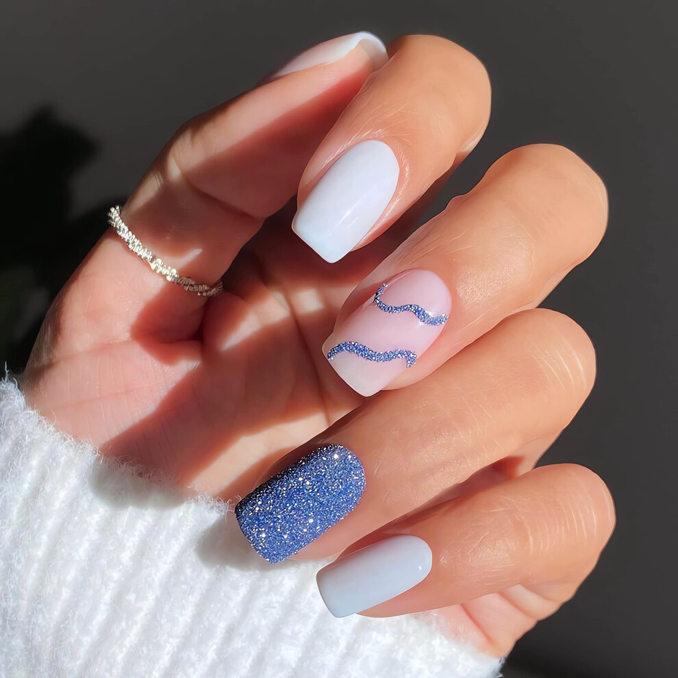 Medium Square Blue Press On Nails Set 24PCS Glossy Acrylic Fake Nails with Glue