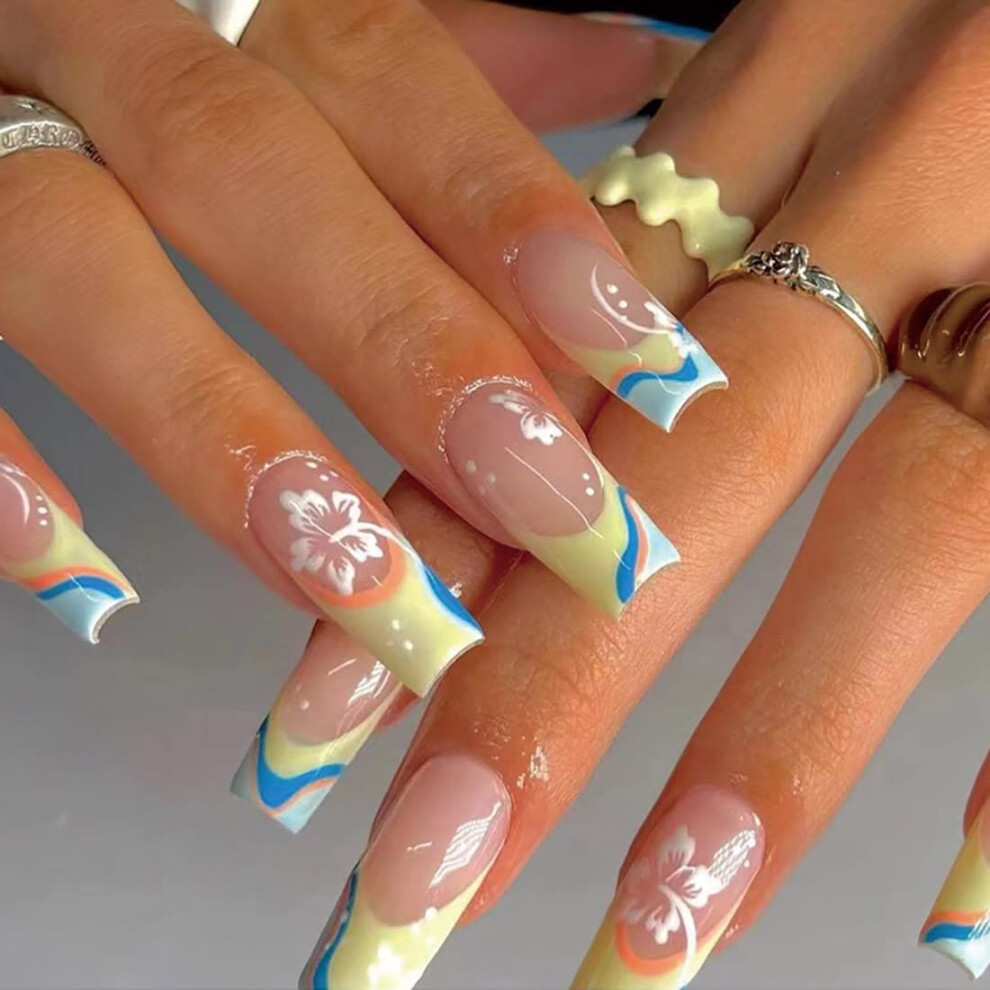 Ballerina French Coffin Press On Nails Glossy Fake Nails with Flower Design 24 PCS for Women