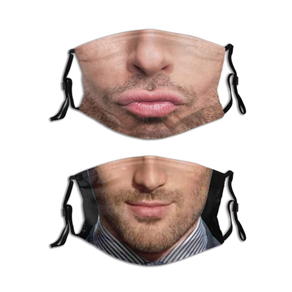 2 Pcs Reusable Face Mask with Filters Breathable Washable Beard Man Funny Design