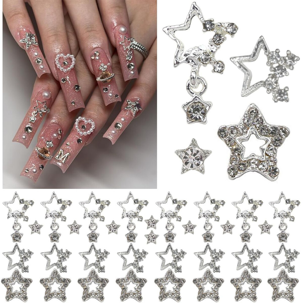 Silver 32Pcs Star Nail Charms For Acrylic Nails 3D Crystal Rhinestones Alloy Studs Diy Crafts