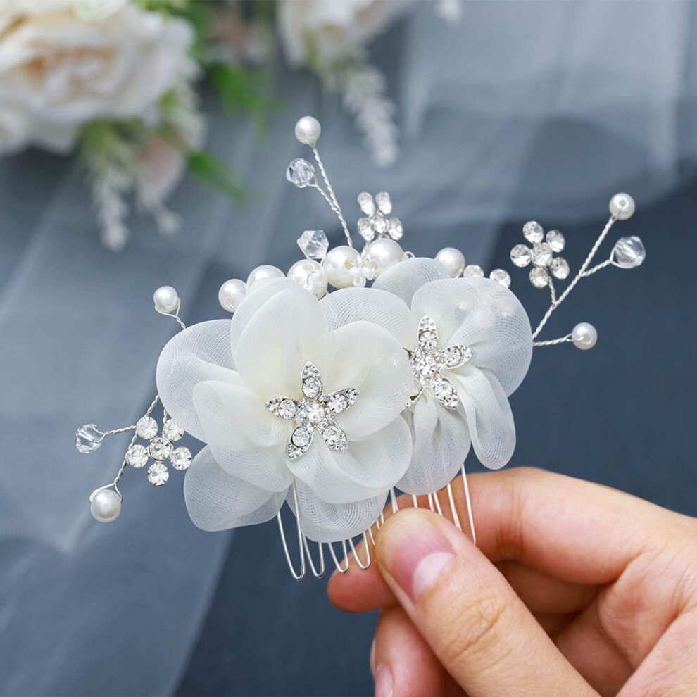 Wedding Hair Comb Crystal Flower Silver Rhinestone Pearl Bridal Headpiece for Women