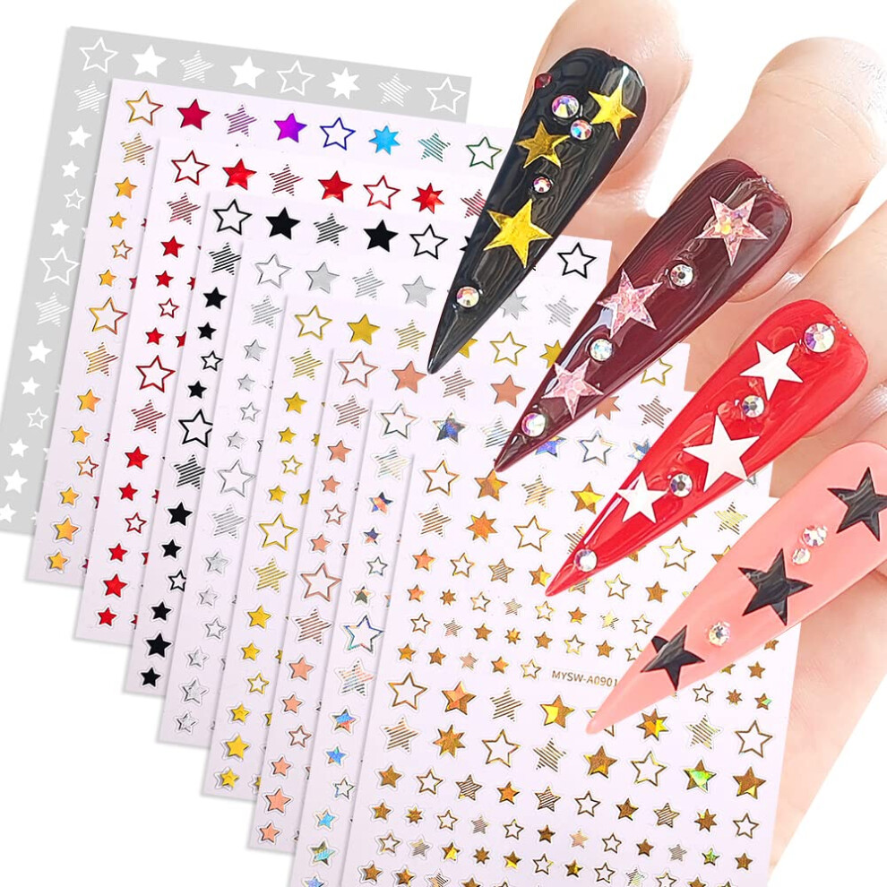Holographic Nail Art Stickers 9 Sheets 3D SelfAdhesive Laser Glitter Stars for DIY Manicure