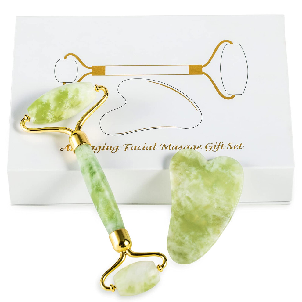 Jade Roller and Gua Sha Set for Anti Aging Facial Massage, Puffiness Reduction and Skin Care