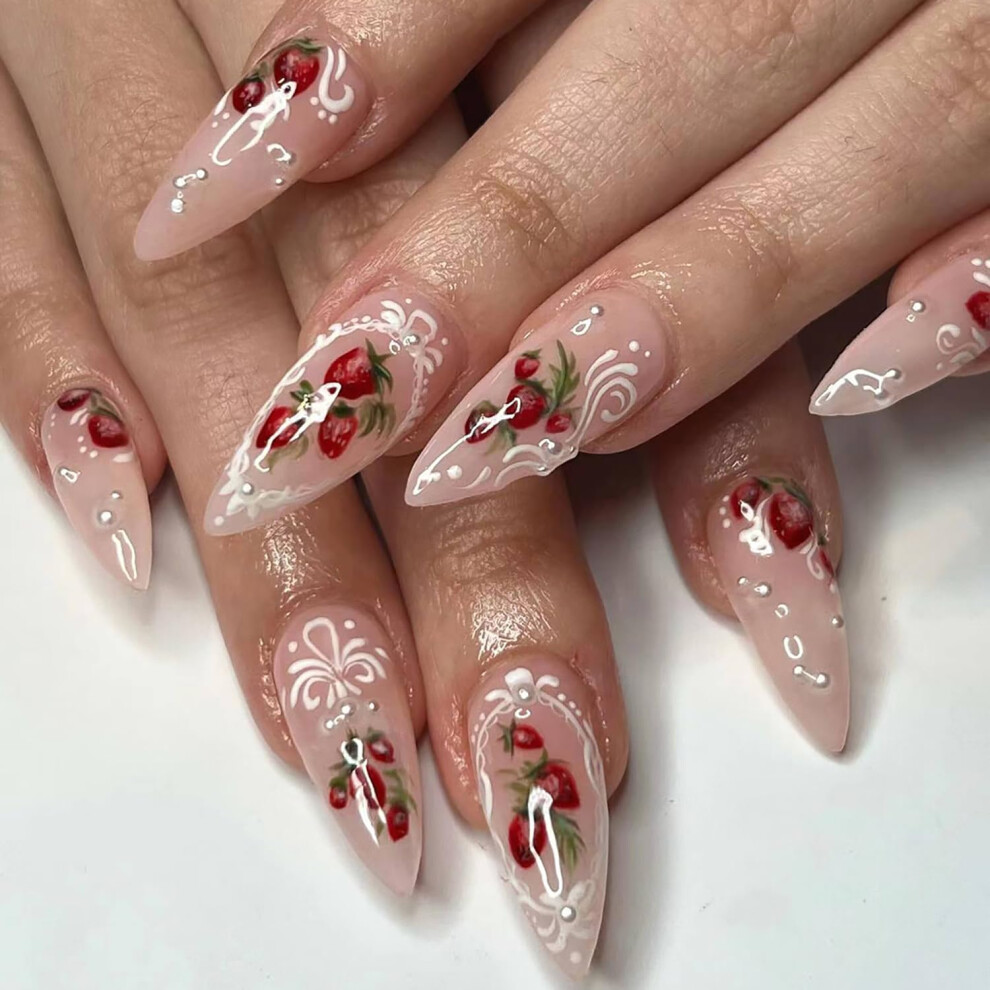 Strawberry French Press On Nails Medium Length Almond Fake Nails Reusable Acrylic for Women Girls
