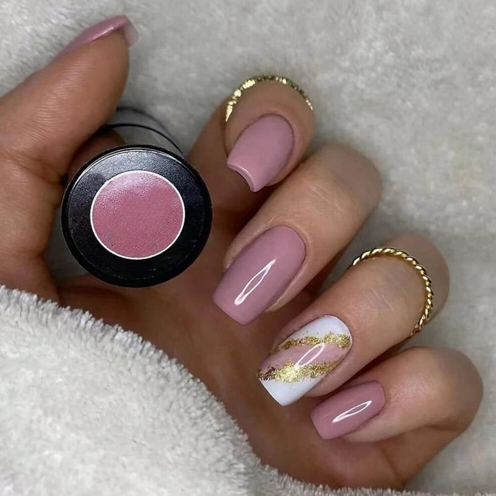 Pink,Gold Press On Nails Medium Square Pink With Gold Glitter, 24Pcs Glossy Glue On Fake Nails For Women
