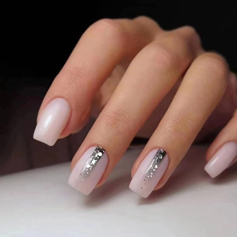 Pink Square Press On Nails With Glue, Medium Glitter Gradient Fake Nails, 24Pcs Reusable Kit