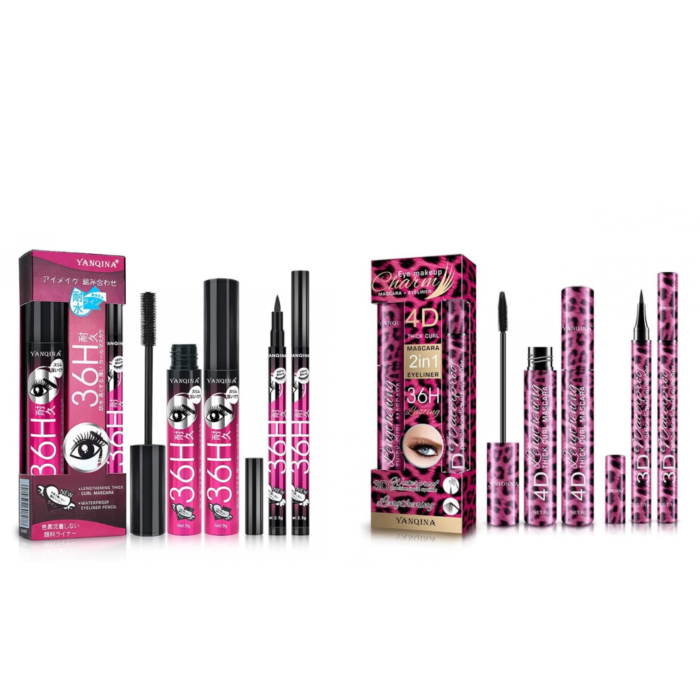 Waterproof Mascara and Eyeliner Set 4D Fiber Lash Volumizing Smudge Proof Long Lasting Duo 10ml