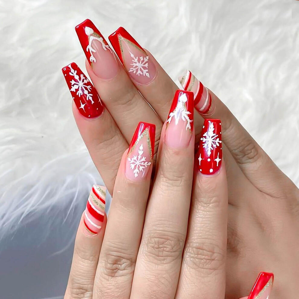 Red,Gold Christmas Press On Nails Red French Tip Coffin Fake Nails With Elk Snowflake And Gold Glitter 24Pcs