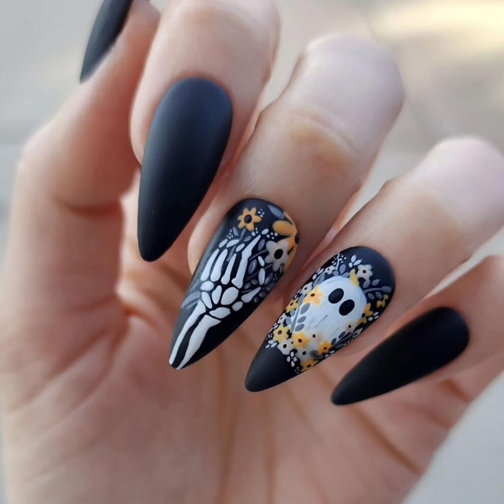 Halloween Press On Nails with Skeleton Hand and Ghost Flower, Black Coffin Shape, 24pcs Reusable