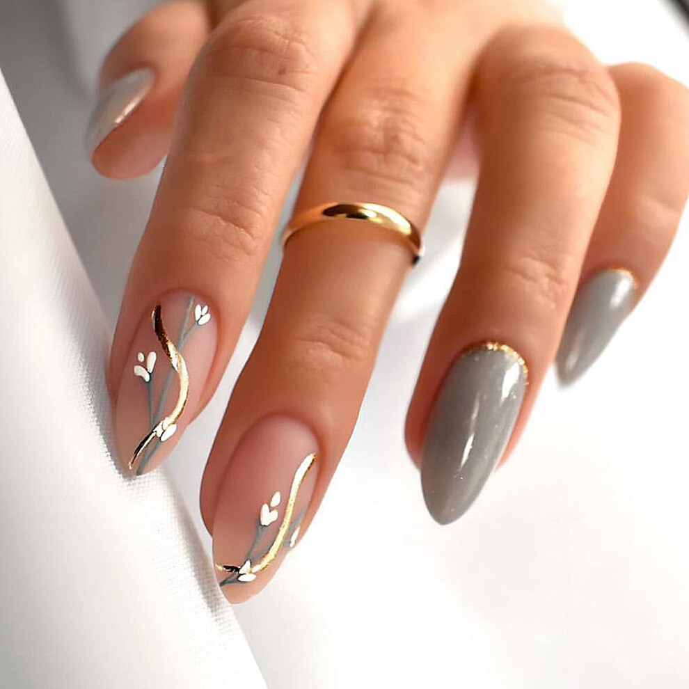 Gold Almond Shaped Press On Nails Grey Acrylic Fake Nails With Flower Swirl Medium French Tips 24Pcs