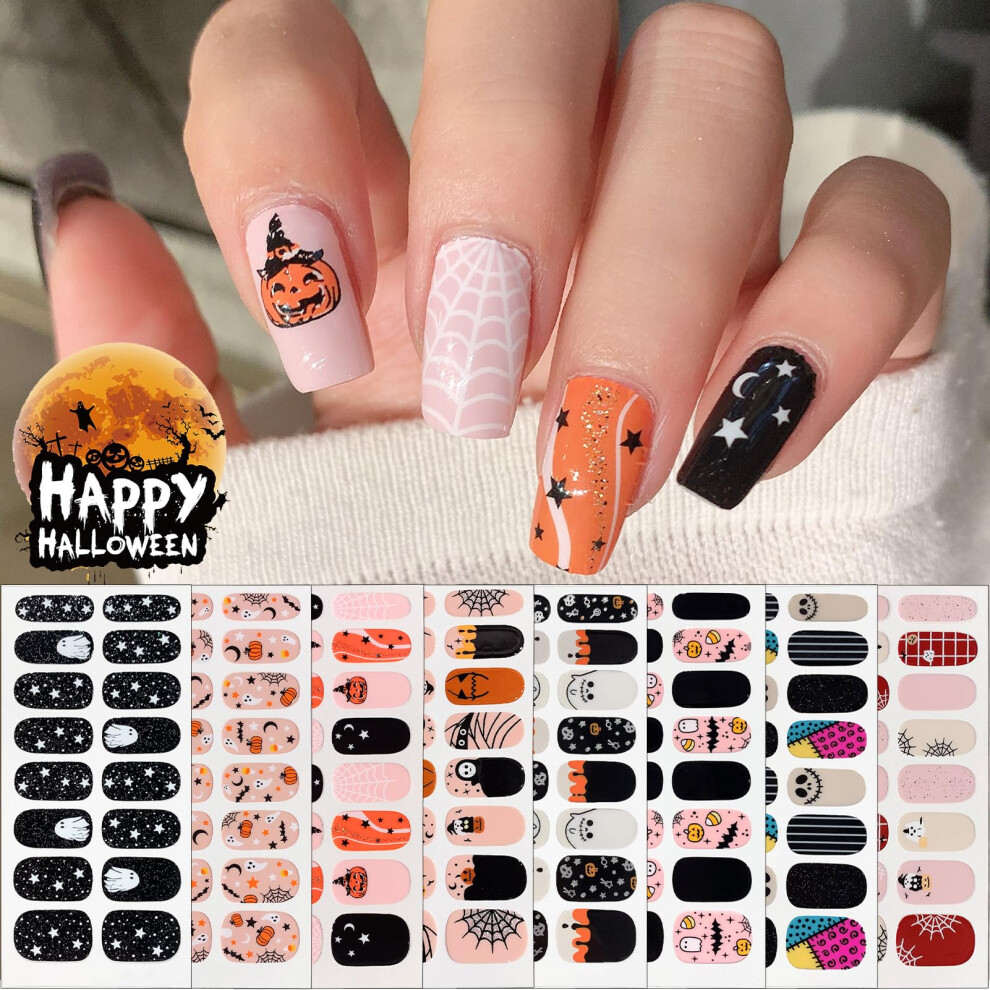 8 Sheets Halloween Nail Wraps, Waterproof SelfAdhesive Strips with Pumpkin Bat Ghost Skull, 128pcs