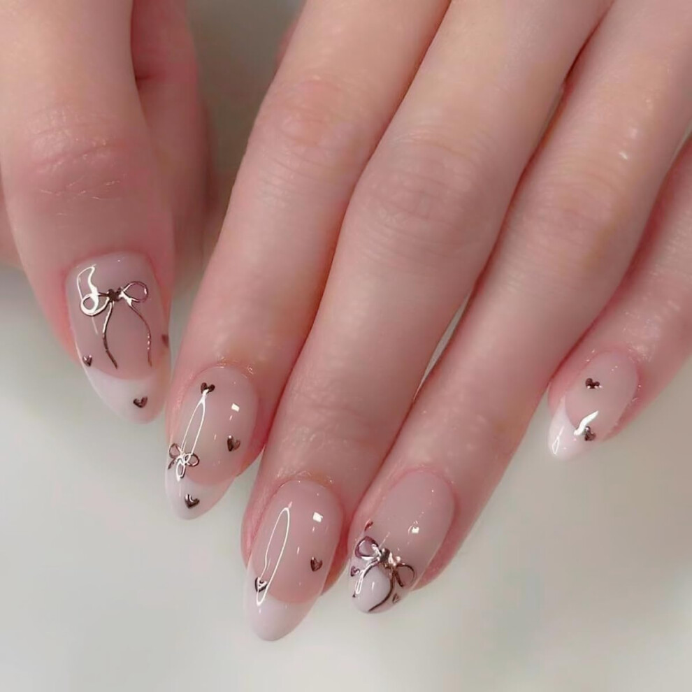 Cream Press On Nails Nude Almond Short French Tip With Bow Hearts, Glossy Acrylic Glue On 24Pcs