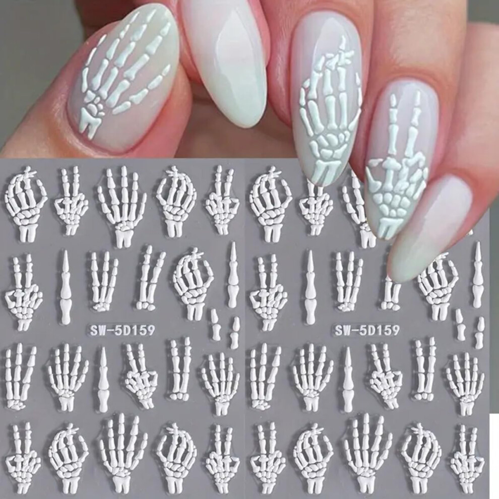 Halloween 5D Embossed Skeleton Nail Stickers 2PCS Self Adhesive Bone Design Decals for DIY Manicure