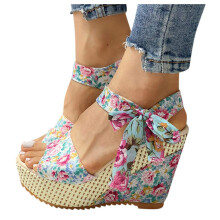 Women's Wedge Sandals Blue Espadrille Platform Size 6 Floral Bowknot Lace Up Slingback