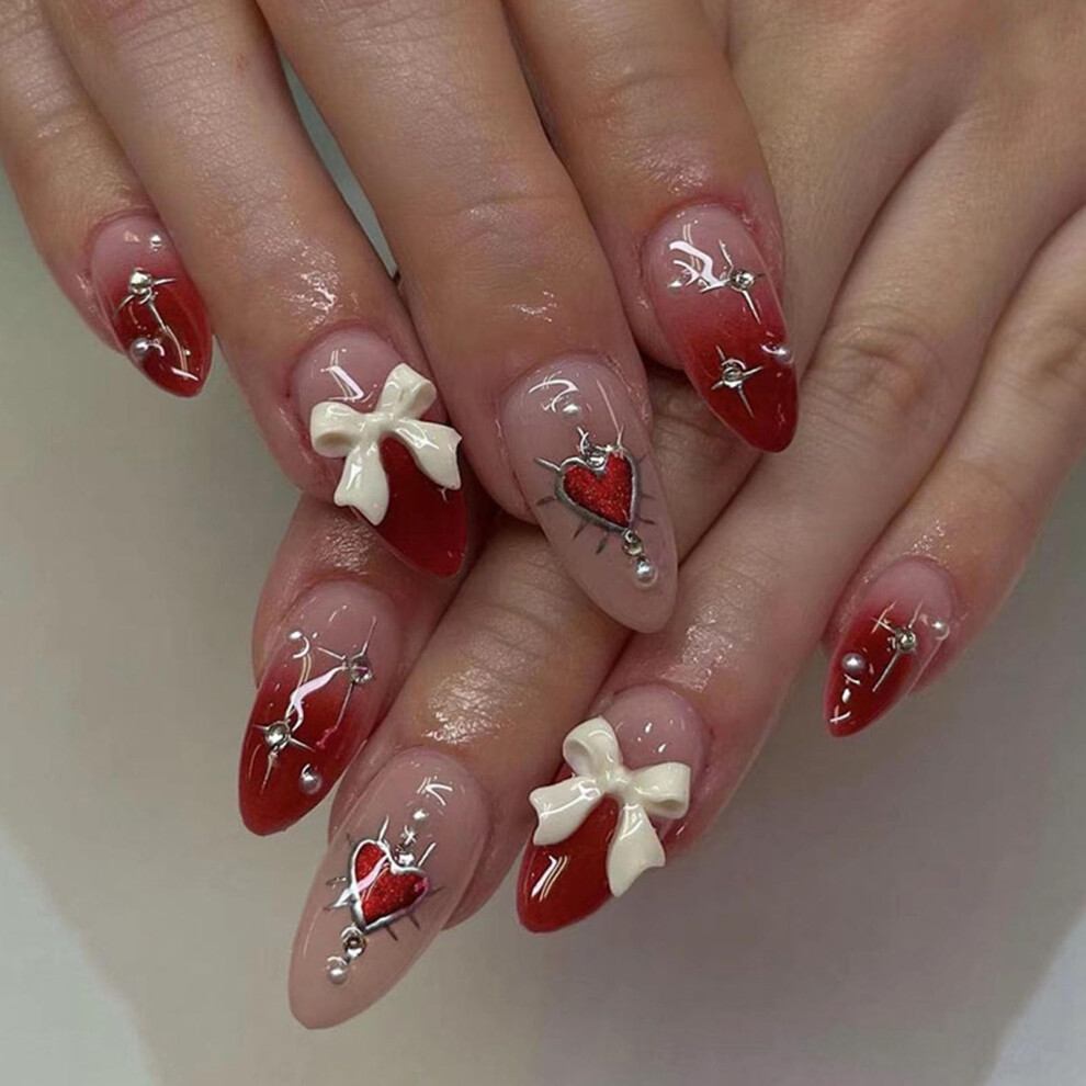 Red,Cream Press On Nails Almond Medium Gradient Red Nude With Heart Rhinestones Glossy Glueon 24Pcs