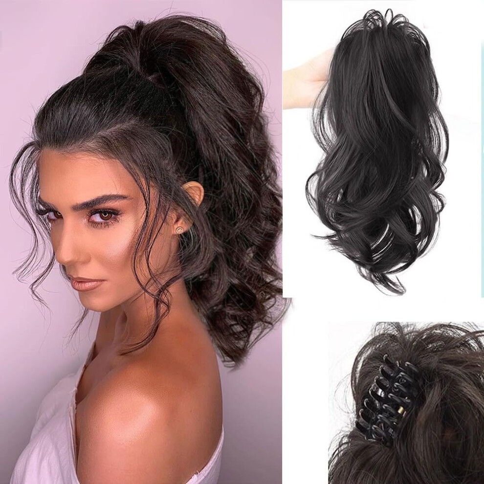 Unisex Highlight Wavy Ponytail Hair Extension With Secure Claw Clip, Synthetic Curly Hairpiece For Women