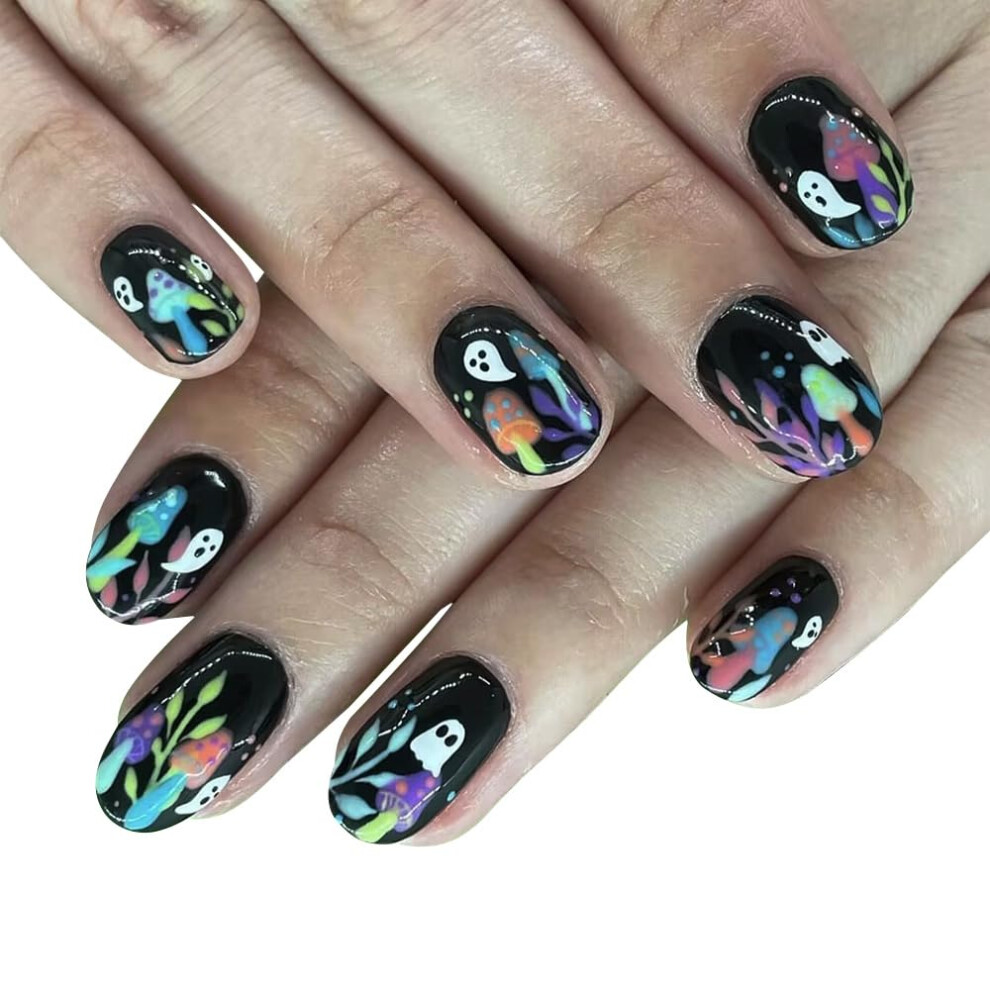 Halloween Press On Nails Set Short Oval Fake Nails with Ghost and Leaf Designs 24PCS Reusable