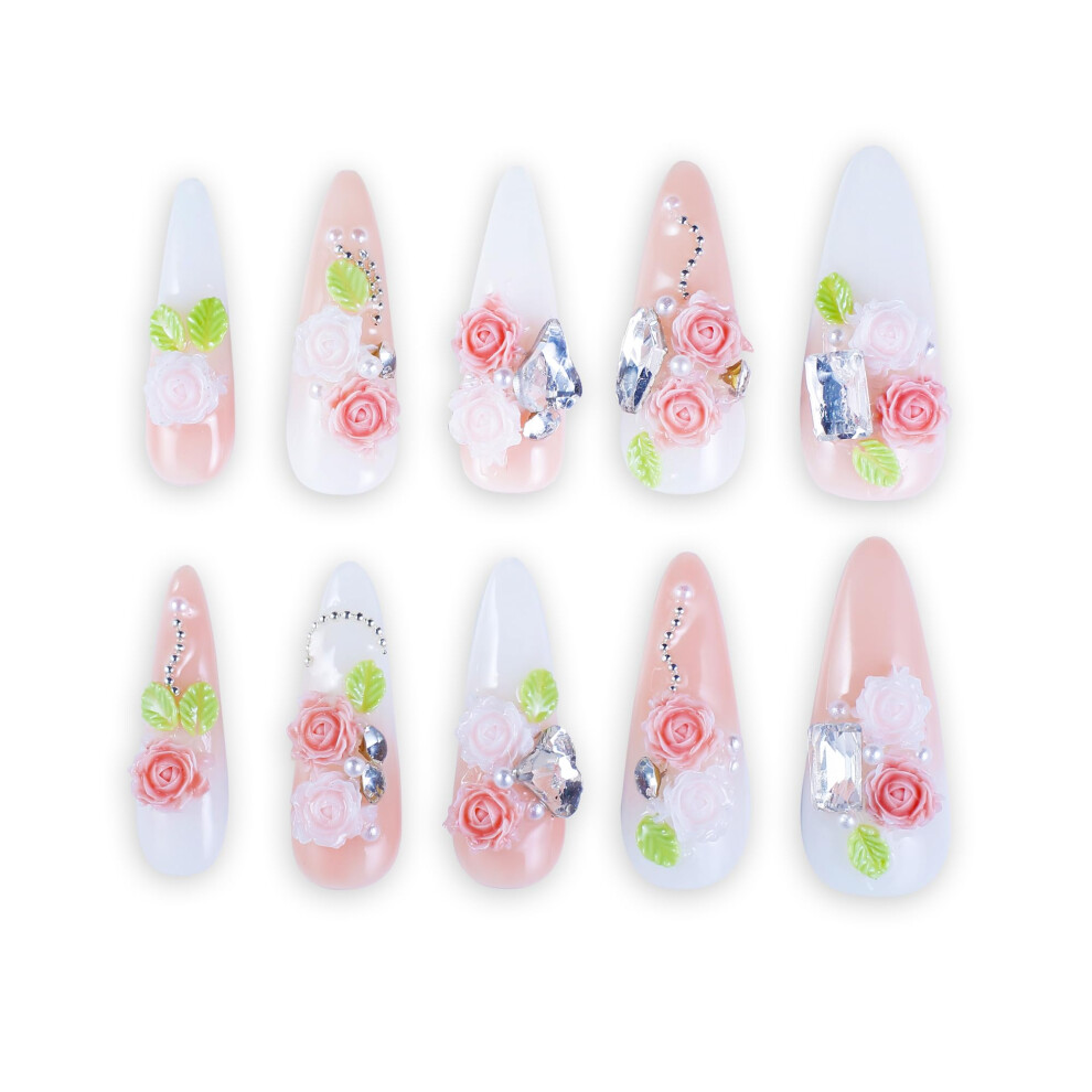 Handmade 3D Gel Press On Nails Almond Oval Pink Flower Fake Nails Medium Long with Storage Box