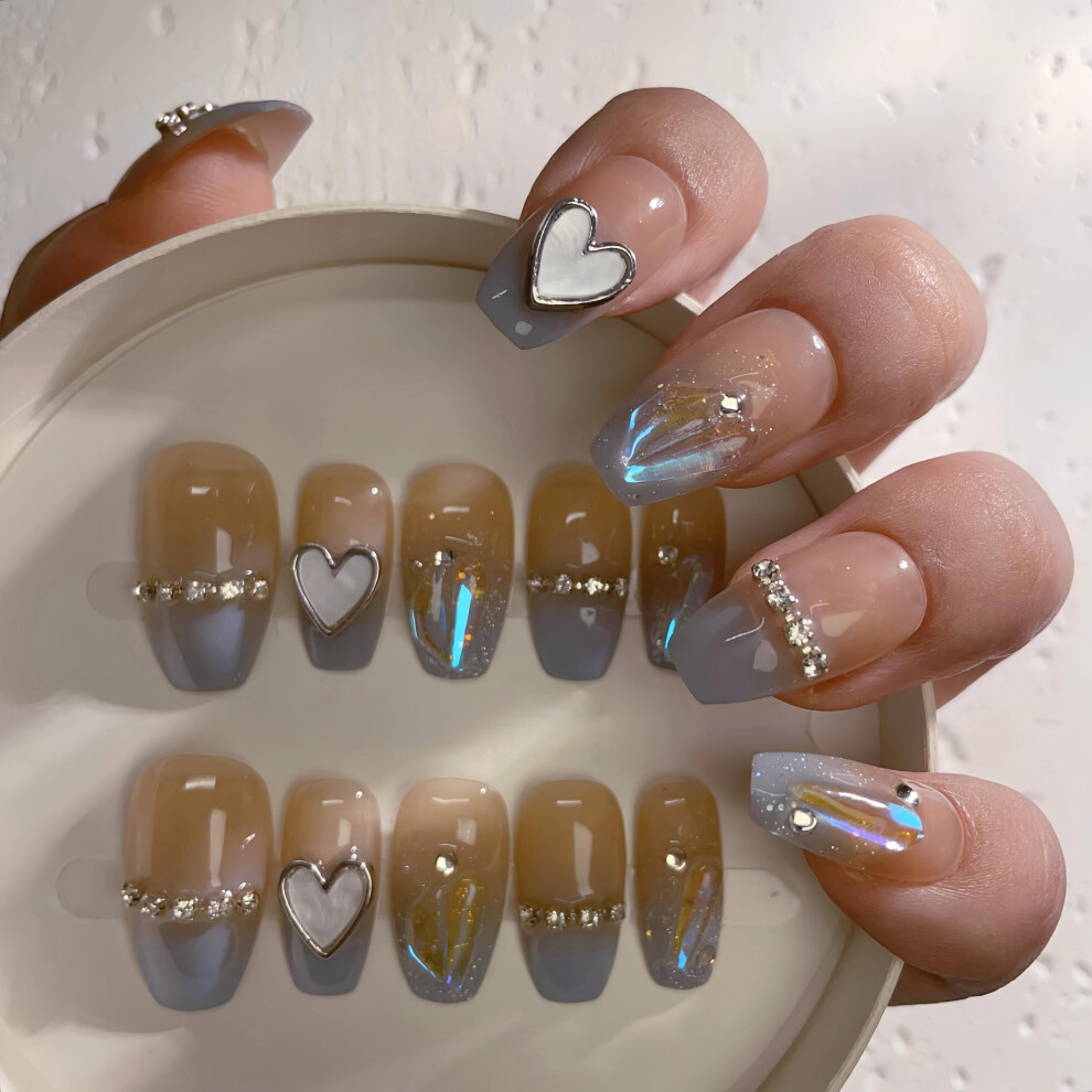 Blue Gradient Coffin Press On Nails With Rhinestones, 24Pcs Medium Length Nail Kit With Glue