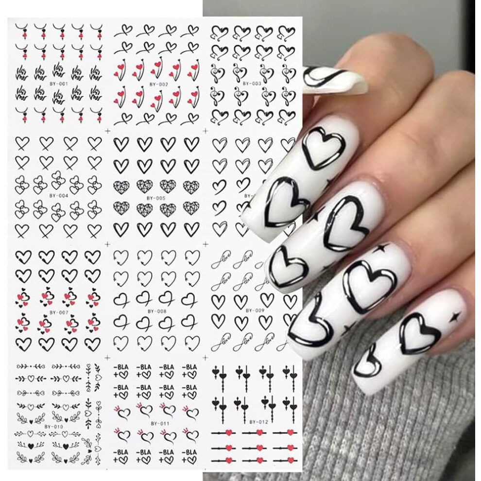 Black 12 Sheets Valentine's Nail Stickers Heart Cupid Water Transfer Nail Decals For Nail Art