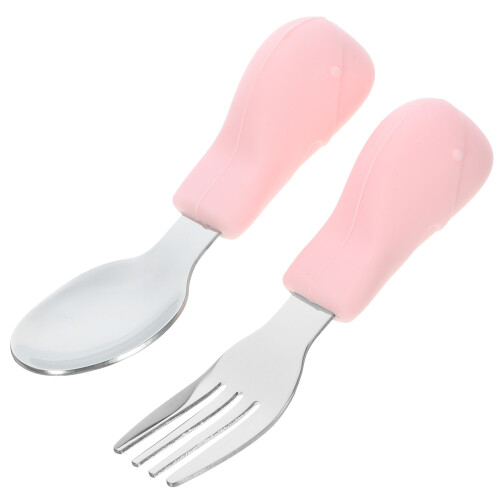 2Pièces Ustensiles Bébé Apprentissage Silicone Acier Rose