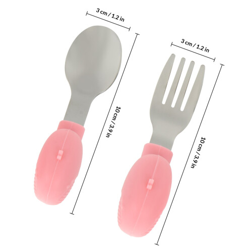 2Pièces Ustensiles Bébé Apprentissage Silicone Acier Rose 1