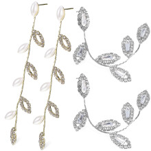 2Pairs Elegant Silver Leaf Drop Earrings with Pearls for Wedding Wear
