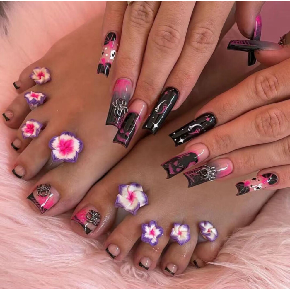 Black 48Pcs Halloween Press On Nails For Hands And Toes, French Tip Coffin, Reusable Fake Nails Set