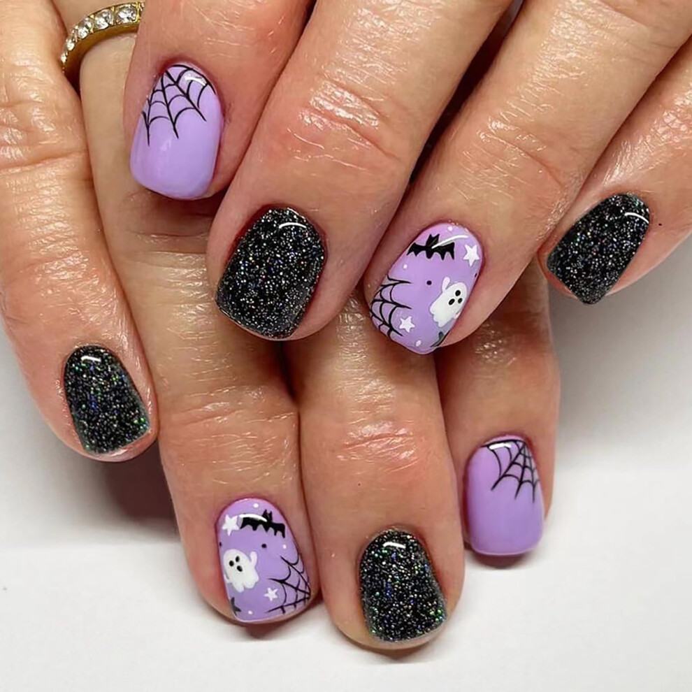 Black,Purple Halloween Press On Nails Short Square Black And Purple With Spider Web Ghost Bat Designs 24Pcs