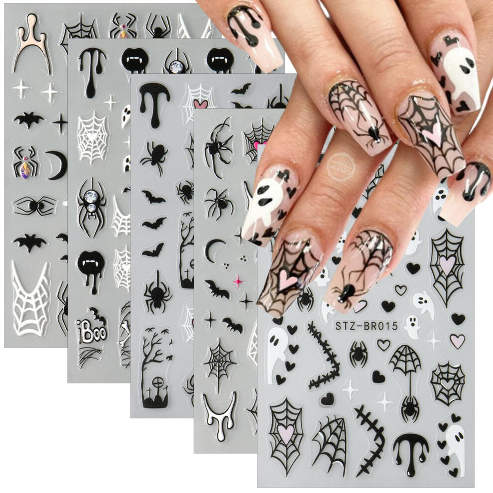 Halloween Nail Stickers 3D SelfAdhesive Bat Spider Skull Ghost Decals for DIY Holiday Manicure 5 Sheets