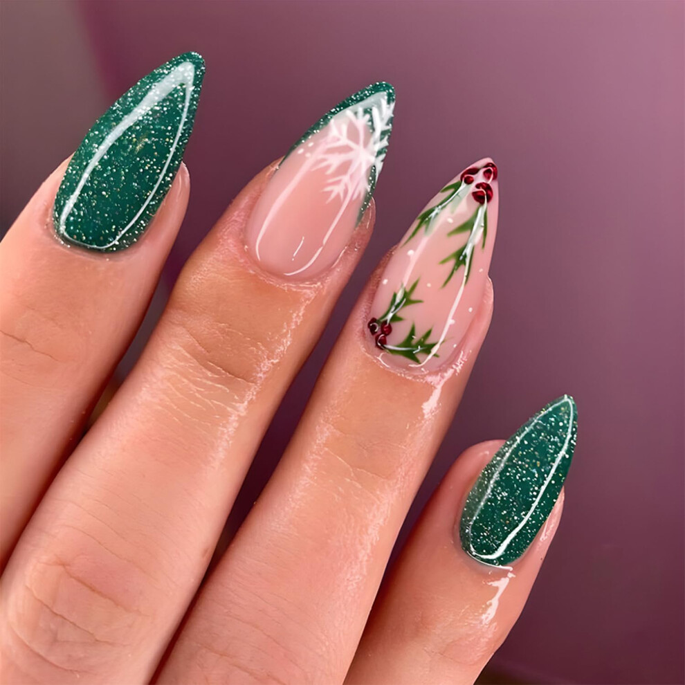 Green Christmas Press On Nails Glitter French Tip Almond Fake Nails With Snowflake Design Reusable