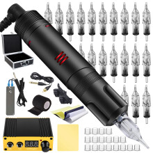 Professional Tattoo Pen Kit with Power Supply Needles Transfer Paper Grip Tape for Beginners
