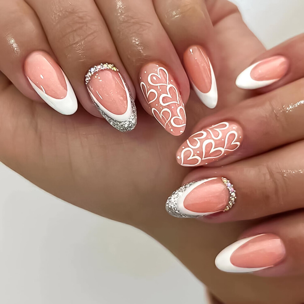 24Pcs Almond Press on Nails with Rhinestones French Tip Glitter Medium False Nail Set for Women