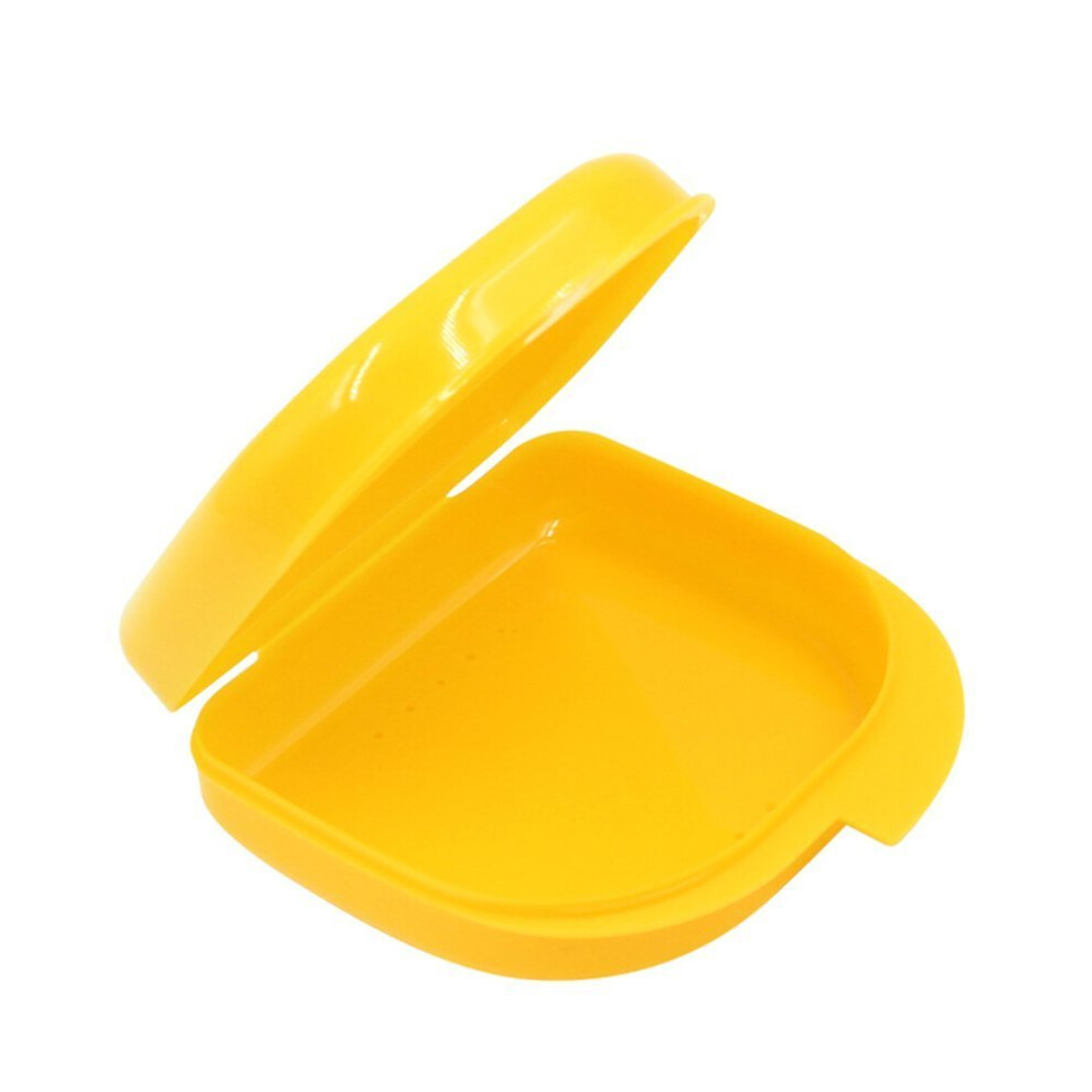 Yellow Orthodontic Retainer Case With Vent Hole, Secure Lock And Compact Denture Storage Box