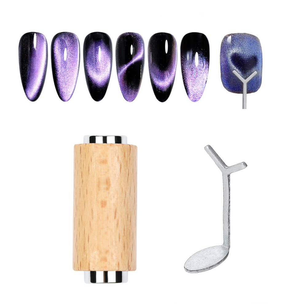 Cat Eye Nail Magnet Wand DualHead with Wooden Handle and Heart Shape Wire for Salon Nail Art