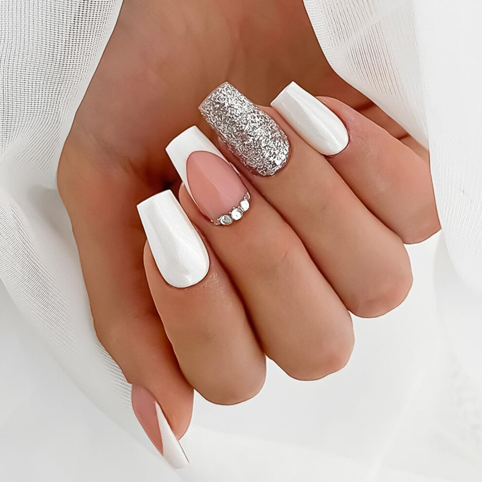 White Glitter French Tip Press On Nails Set With Rhinestones, Medium Coffin Fake Nails 24Pcs