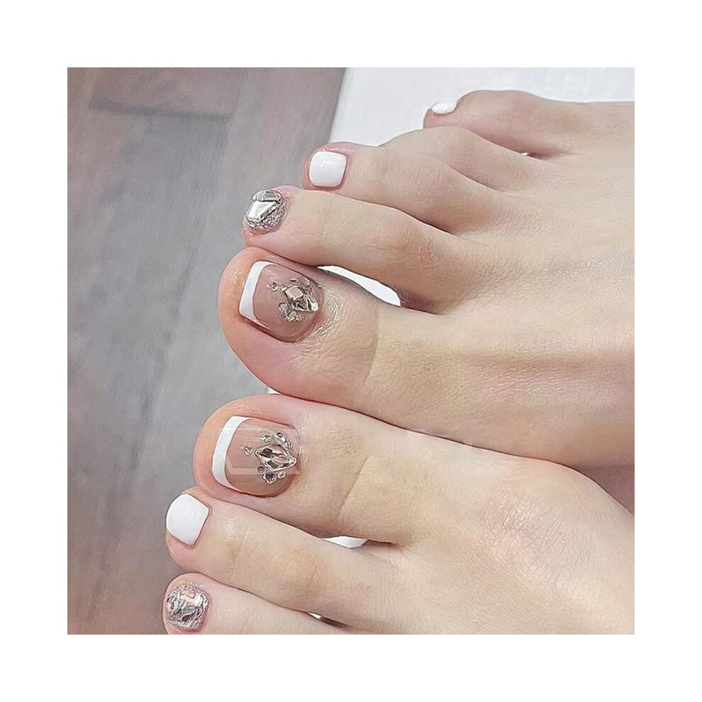 White French Tip Press On Toenails for Women, Short Square Fake Toenails with Rhinestones, 24Pcs