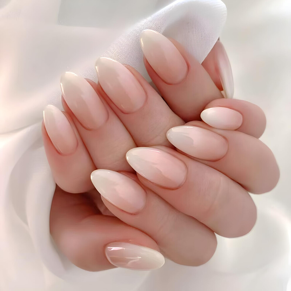 Pink,Cream Gradient Pink Press On Nails Medium Nude Almond Fake Nails With Salonquality French Tips