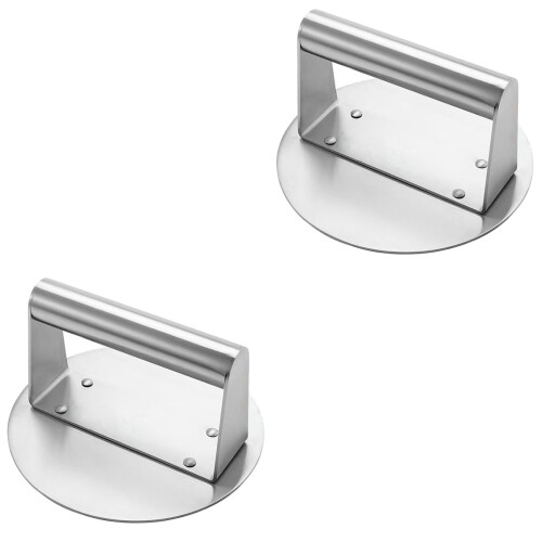 2Pcs Stainless Steel Round Burger Press Ergonomic Handle Silver Tool 2