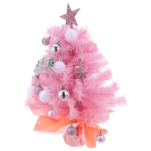2Pcs Pink Mini Artificial Christmas Tree with Lights for Small Spaces