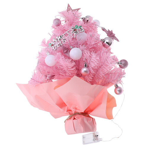 2Pcs Pink Mini Artificial Christmas Tree with Lights for Small Spaces 1