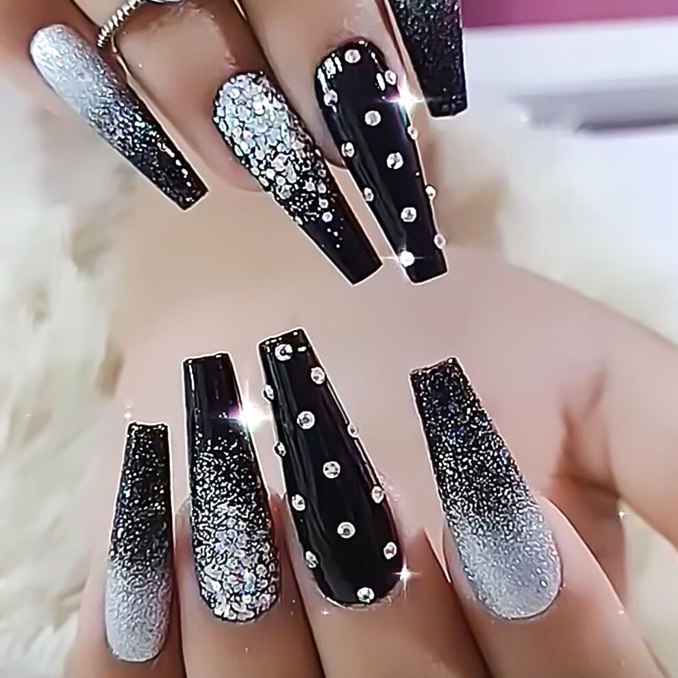 Black And Silver Glitter Coffin Press On Nails 24Pcs Glossy Acrylic Full Cover Instant Glam Manicure