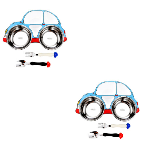 2Sets Baby Teller Set PP Cartoon Auto Mit Gabel 2
