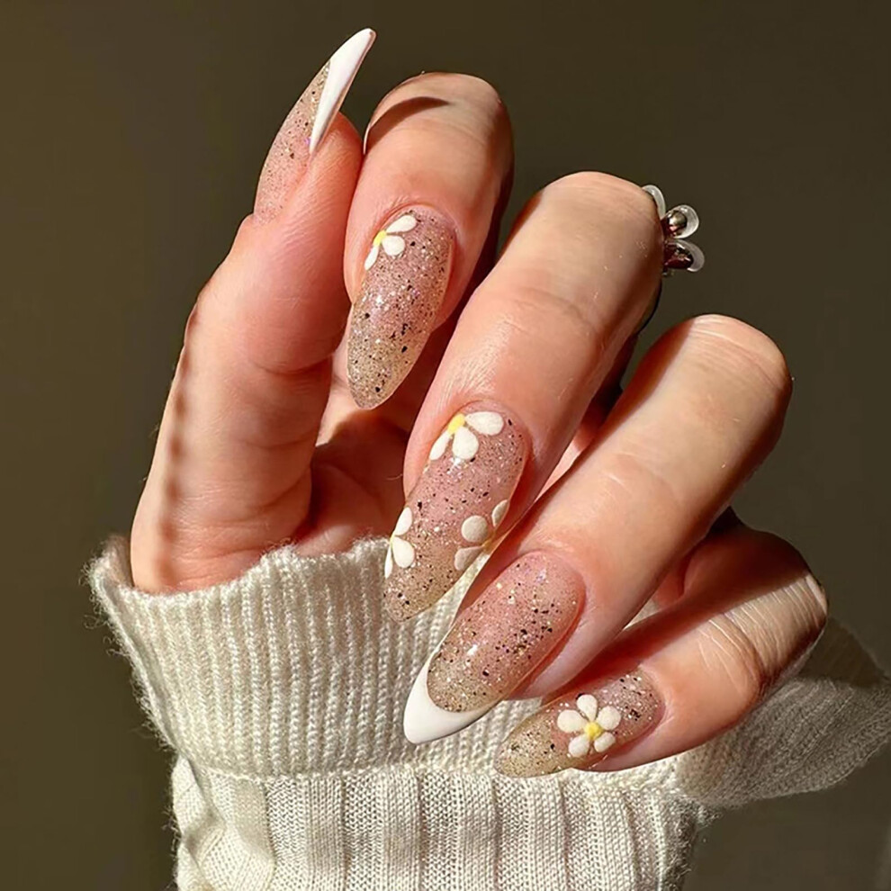 Press on Nails Medium Length Floral French Tip Glitter Almond Oval, 24 Pcs Reusable Glue on False Nails Kit