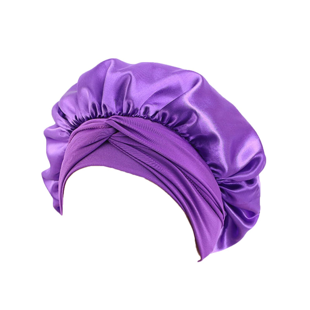 Unisex Purple Silk Sleep Cap For Curly Hair With Adjustable Elastic Band, Satin Bonnet For Sleeping